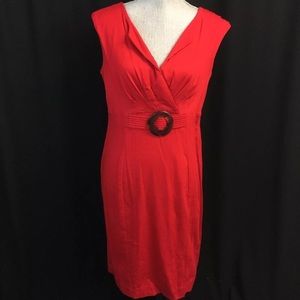 ELIZA J Red Textured V Neck Belt Sheath Dress